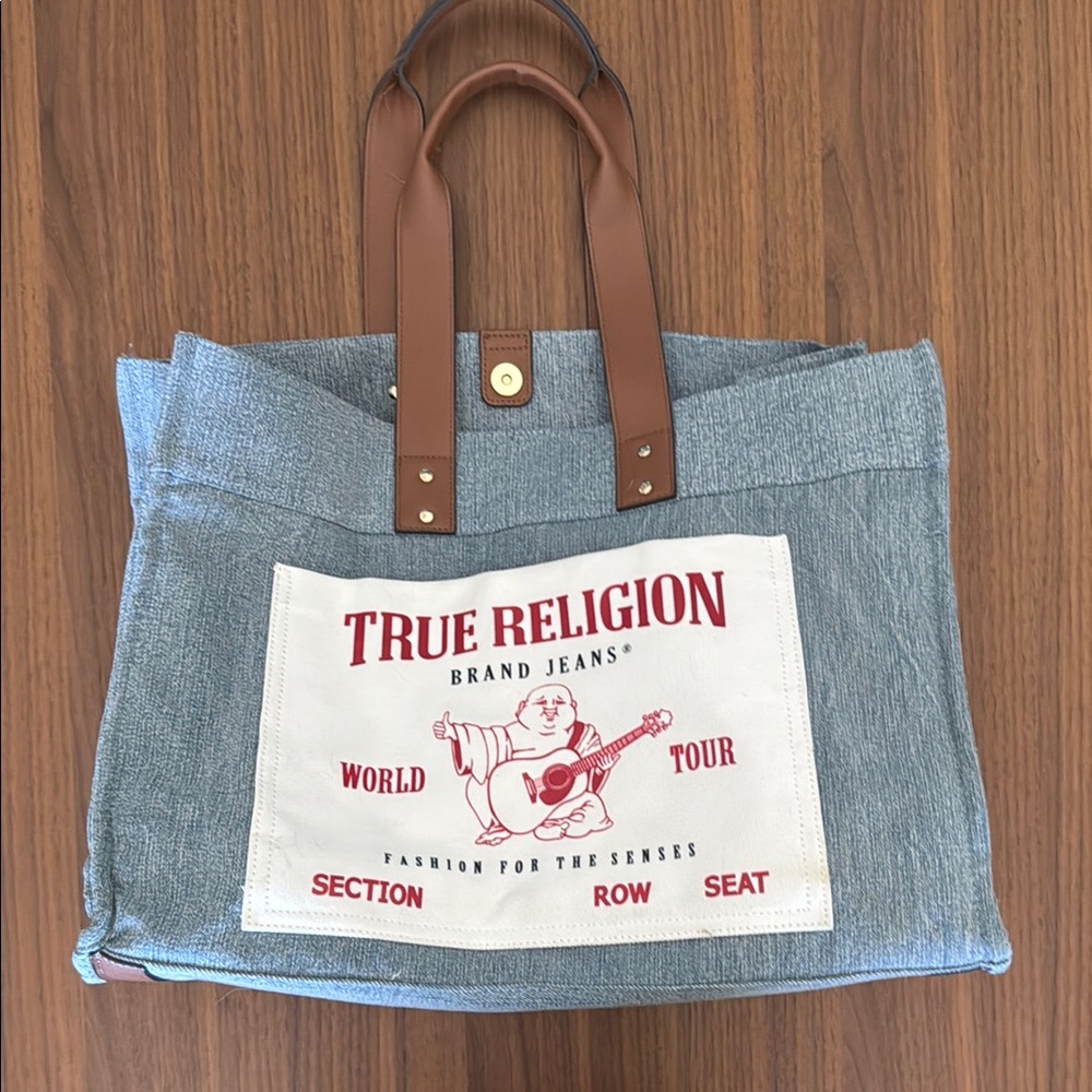 True Religion Denim Tote Bag with Brown Handles